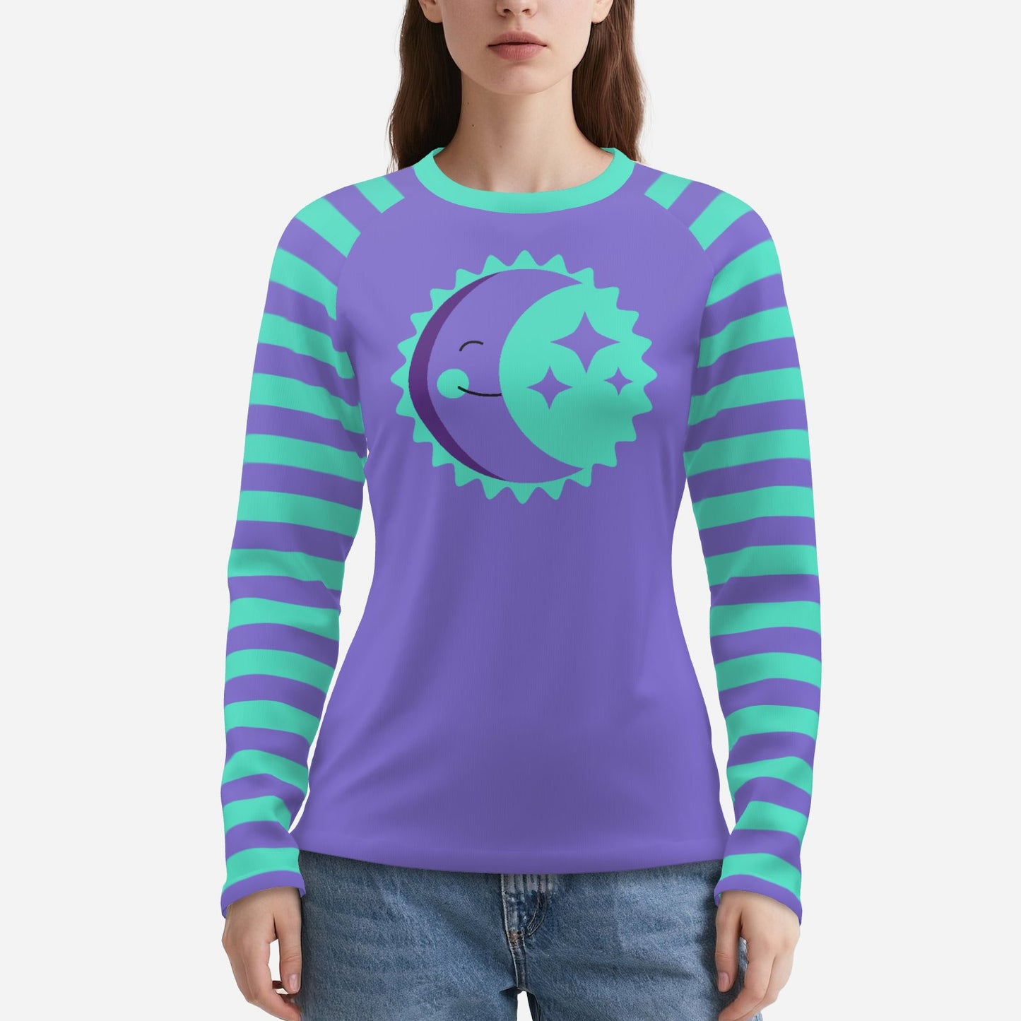 Risa Raglan Silly Moon Clown Periwinkle Aqua Striped Long Sleeve Shirt