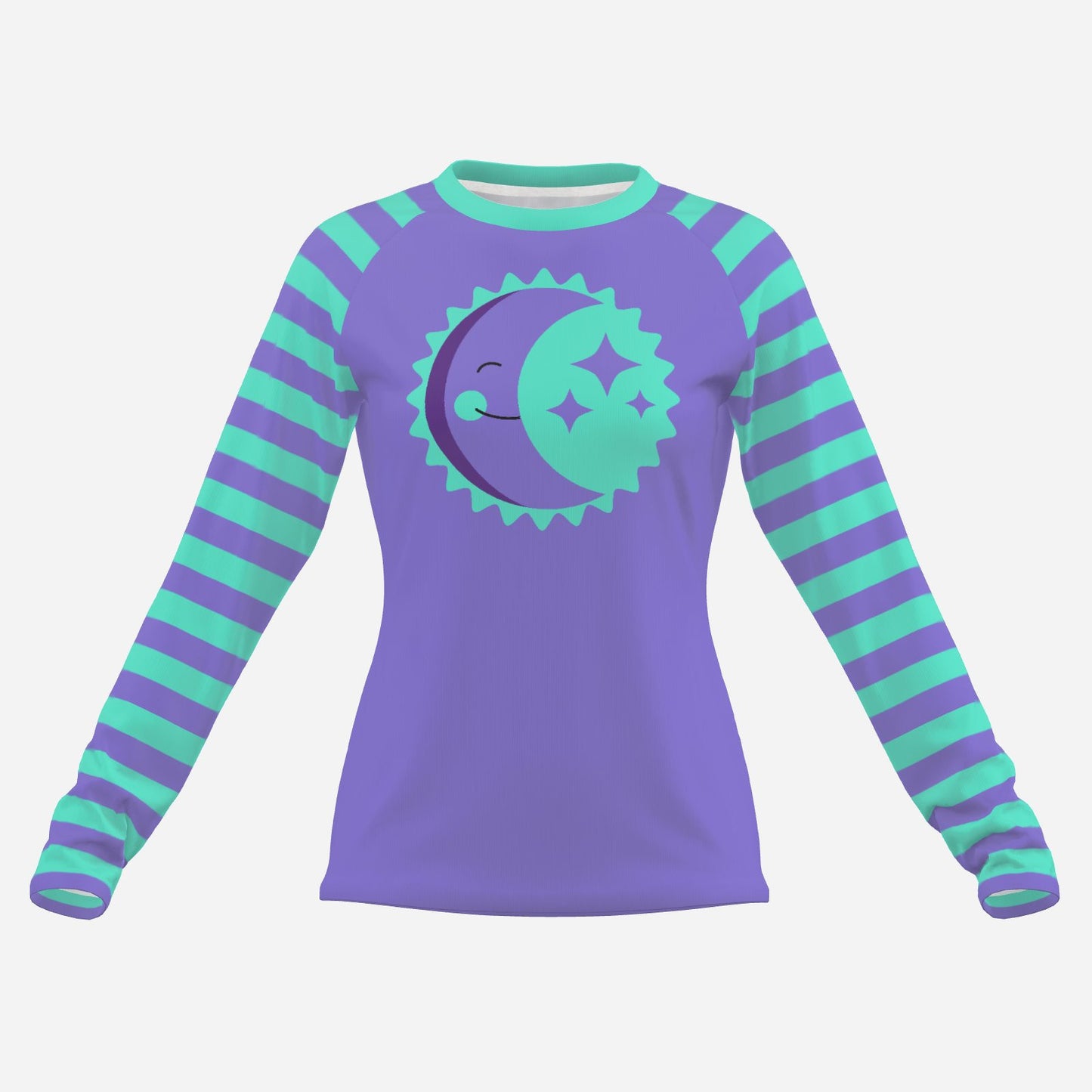 Risa Raglan Silly Moon Clown Periwinkle Aqua Striped Long Sleeve Shirt