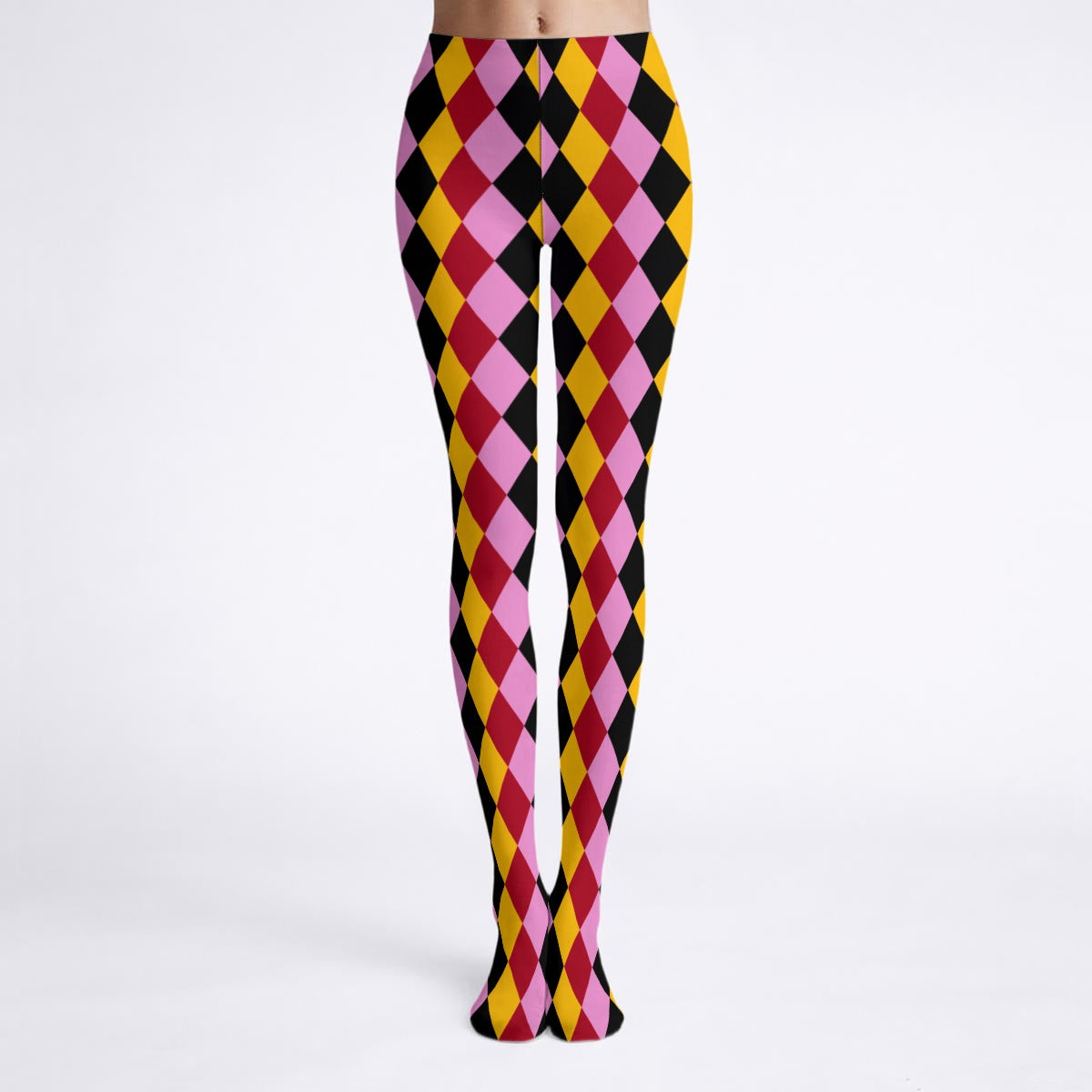 Colorful argyle patterned tights on a white background