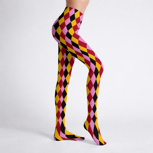 Colorful argyle patterned tights on a plain background