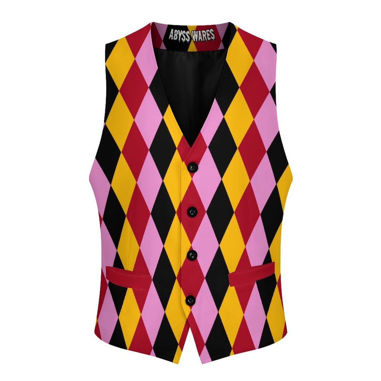 Harlequin patterned vest with colorful design on a white background