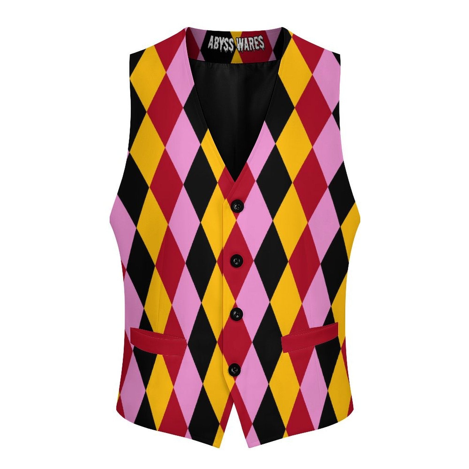 Harlequin patterned vest with colorful design on a white background