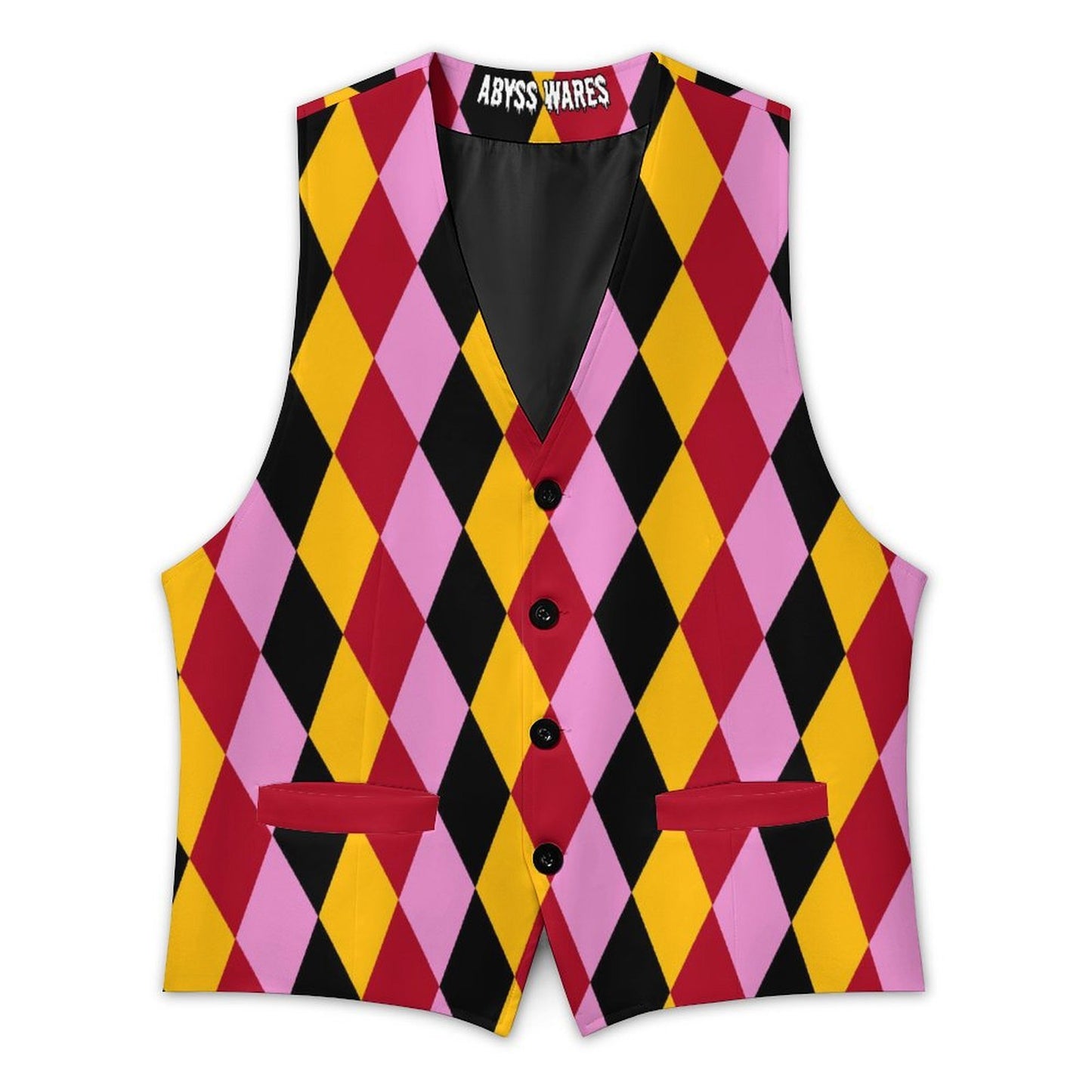 Colorful argyle pattern vest with 'Abyss Wares' branding on a white background
