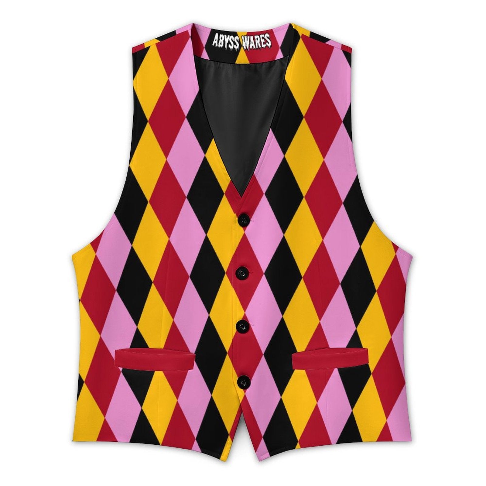 Colorful argyle pattern vest with 'Abyss Wares' branding on a white background