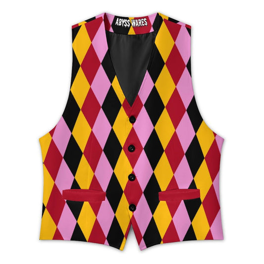 Colorful argyle pattern vest with 'Abyss Wares' branding on a white background