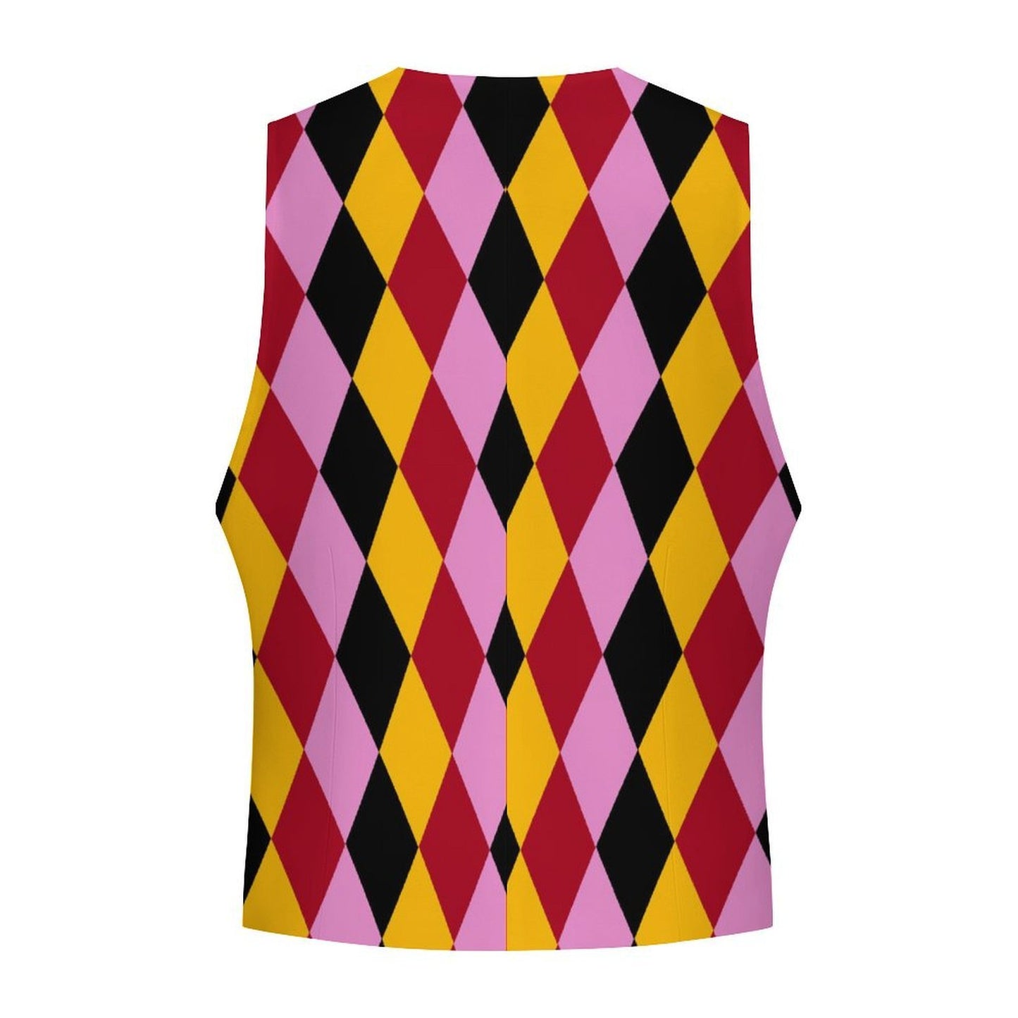 back of a colorful sleeveless vest with a geometric pattern on a white background