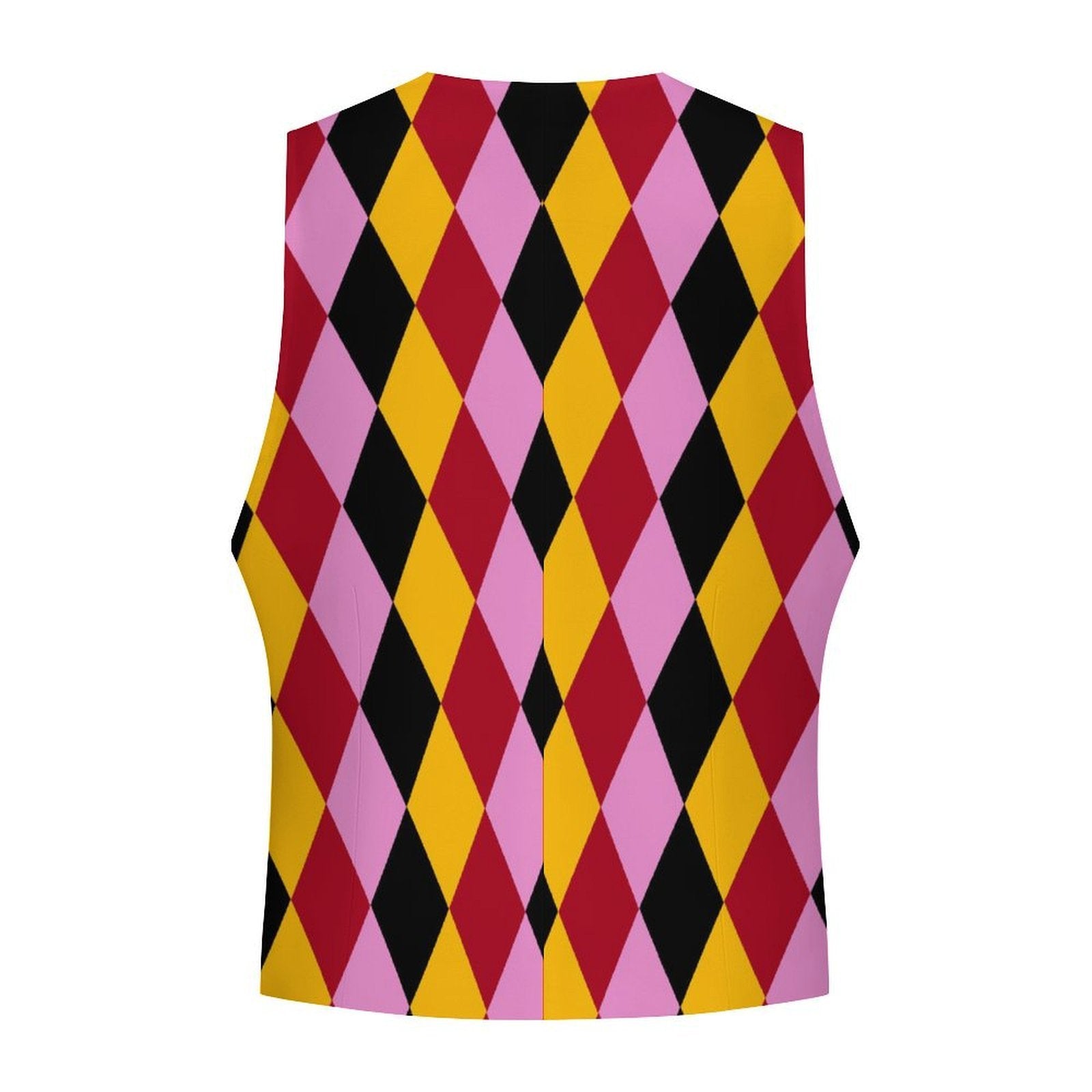 back of a colorful sleeveless vest with a geometric pattern on a white background