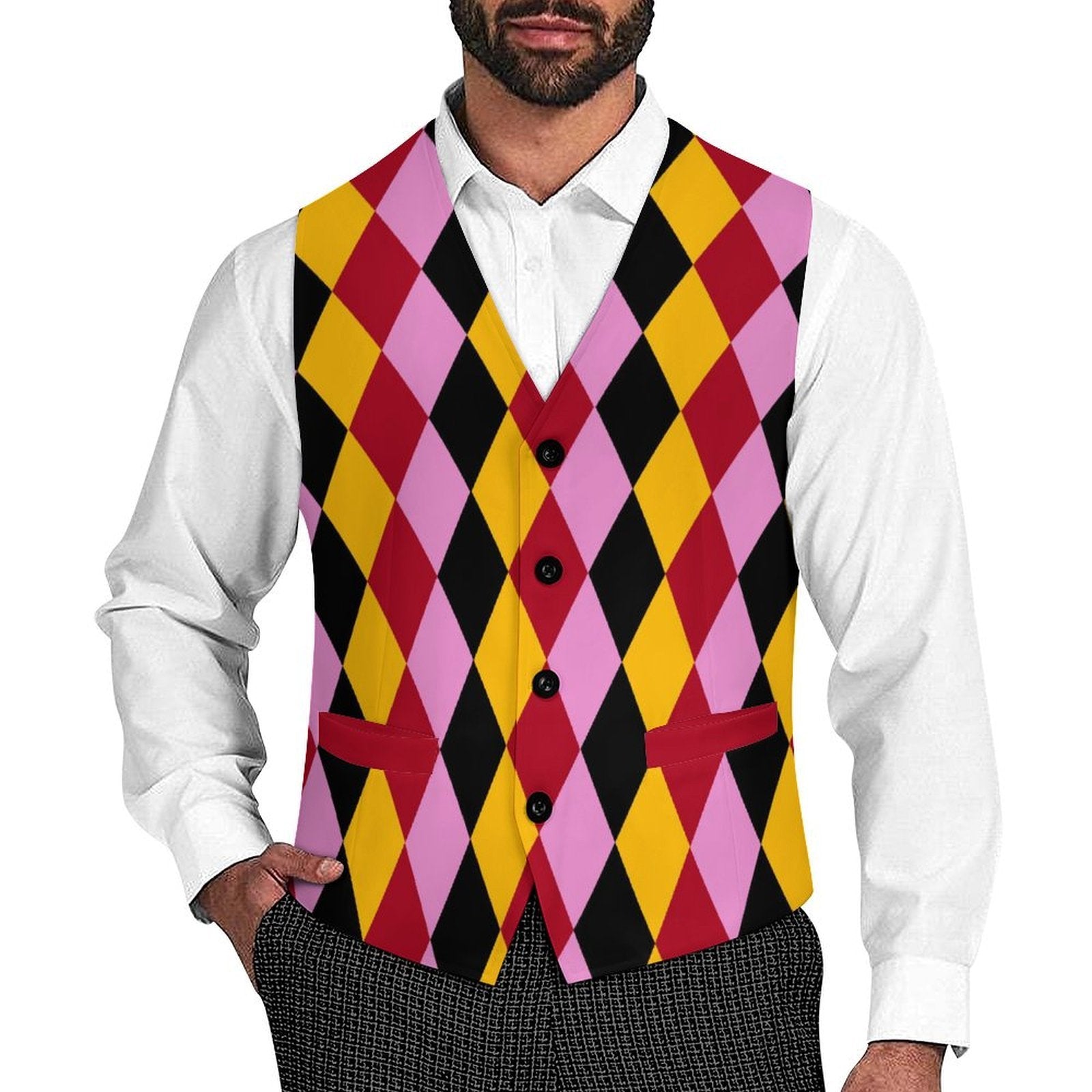 Person wearing a colorful argyle vest over a white shirt on a white background
