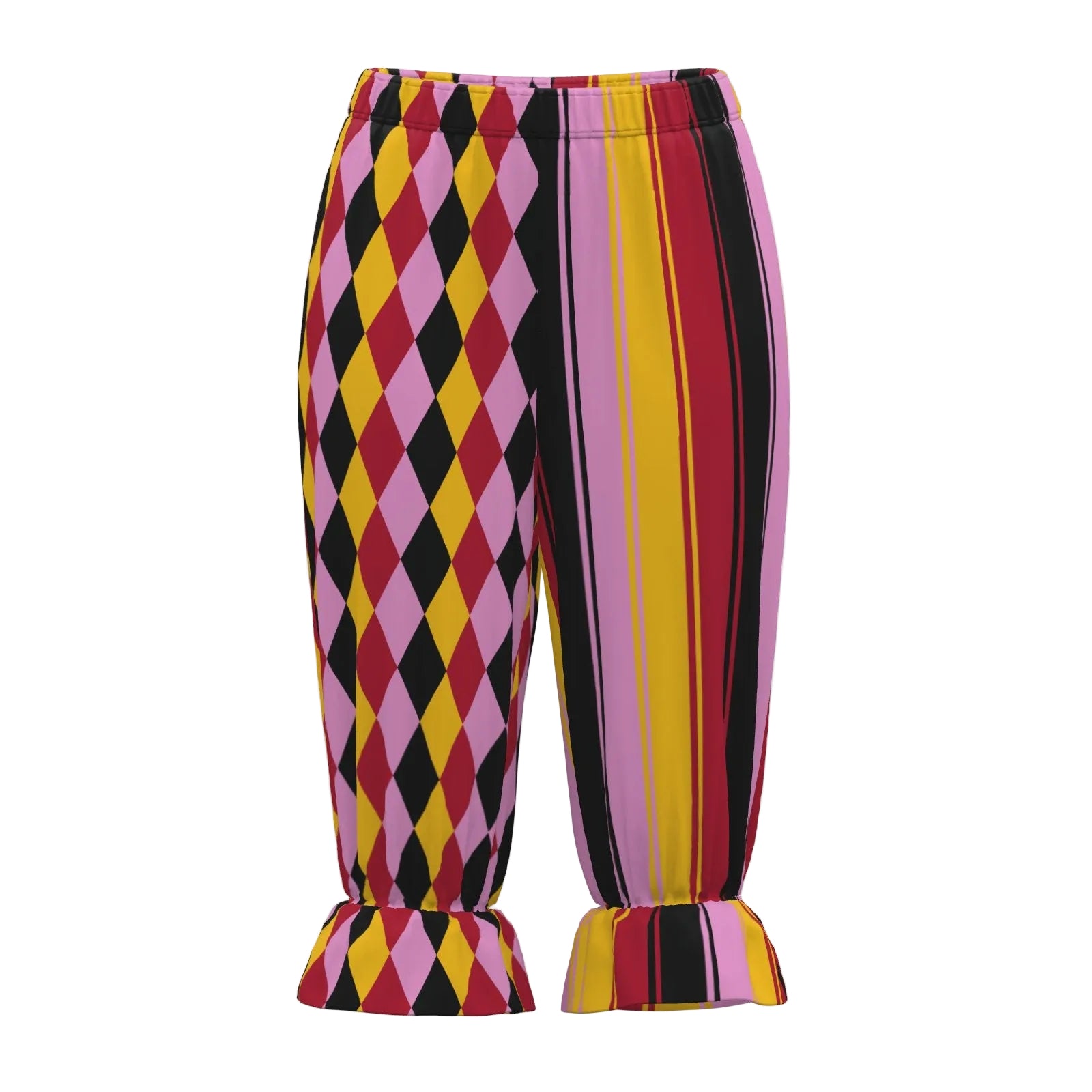 Colorful harlequin-patterned pants on a white background