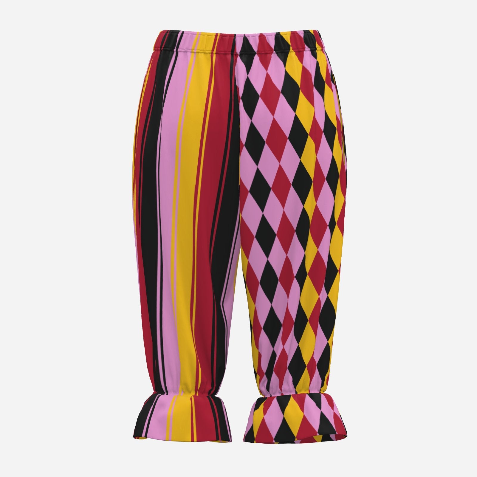 Colorful pants with a pattern of vertical stripes and diamond shapes on a white background