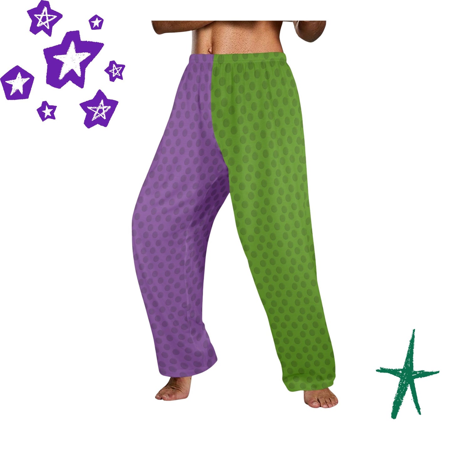 USA Made Mens PJ Royal Mardi Gras Purple Green Dot Jester Clown Pants