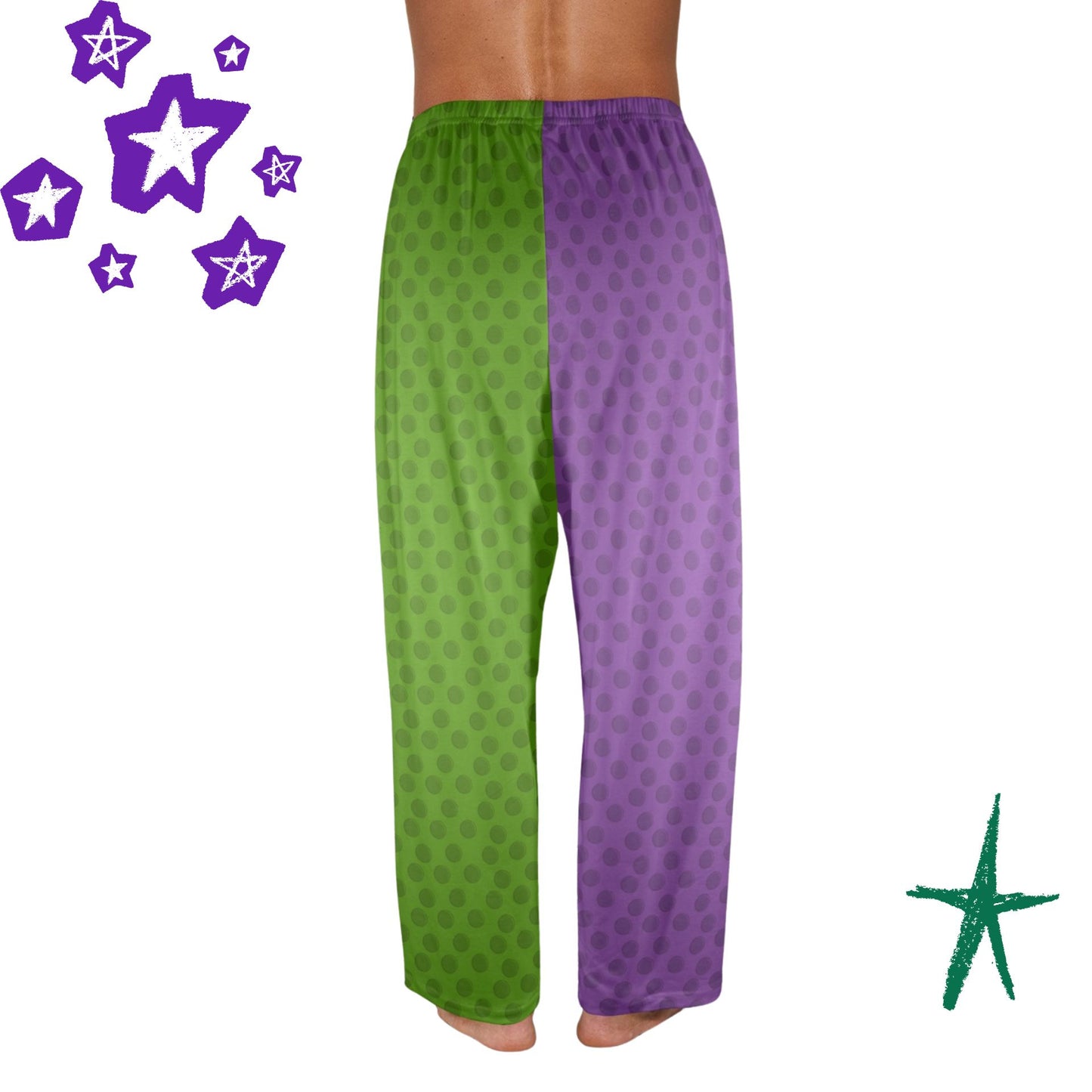 USA Made Mens PJ Royal Mardi Gras Purple Green Dot Jester Clown Pants