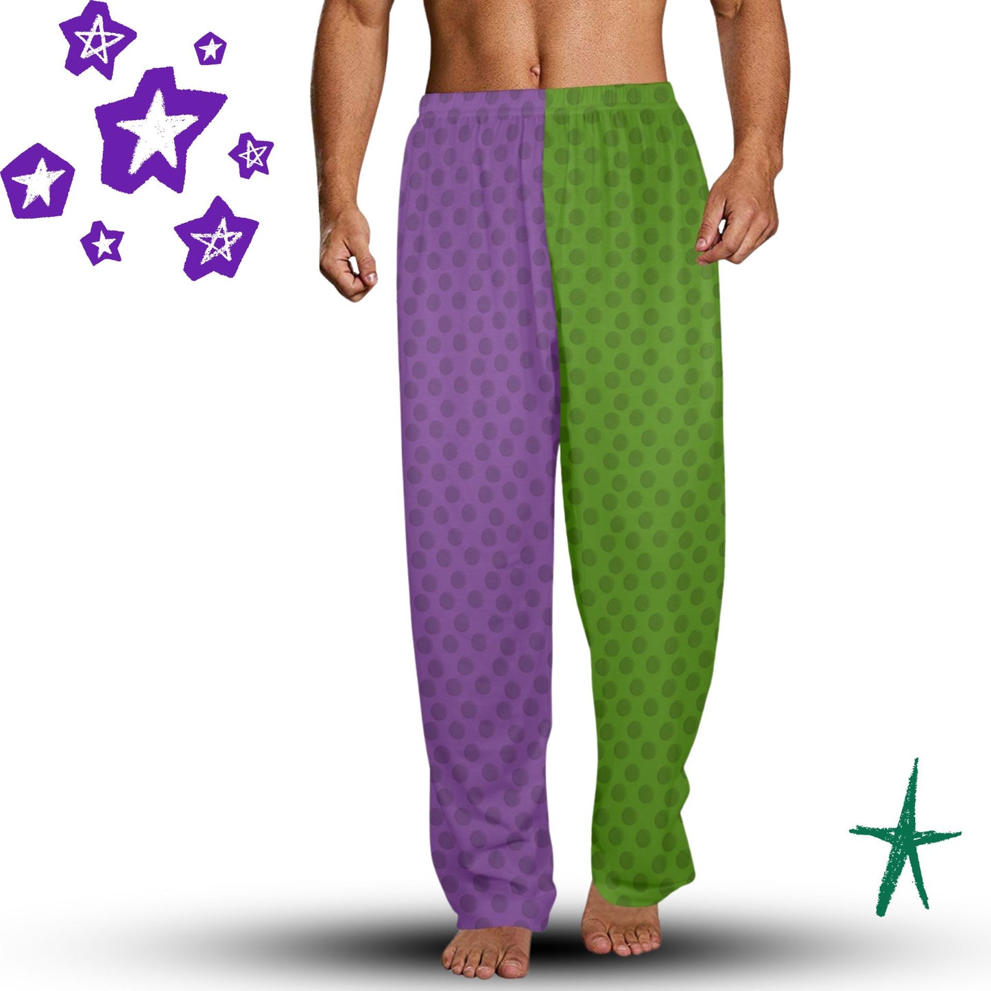 USA Made Mens PJ Royal Mardi Gras Purple Green Dot Jester Clown Pants