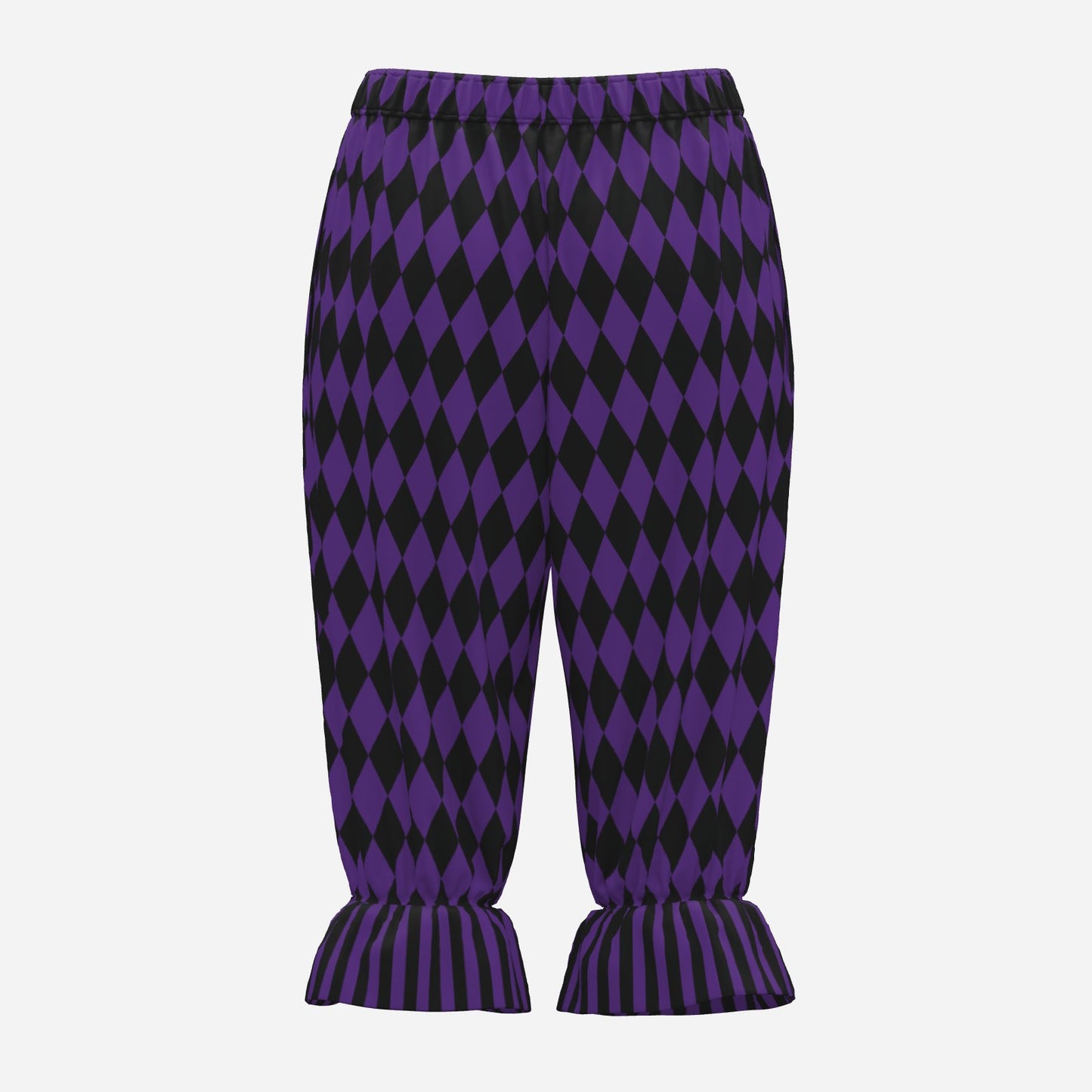 Purple and black harlequin patterned pants on a white background