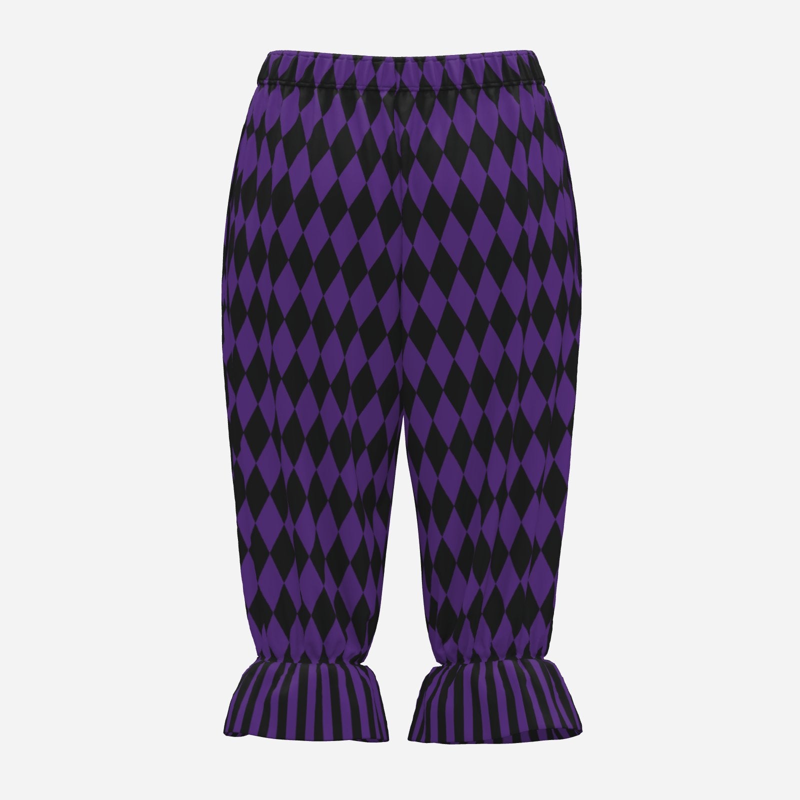 Purple and black harlequin patterned pants on a white background