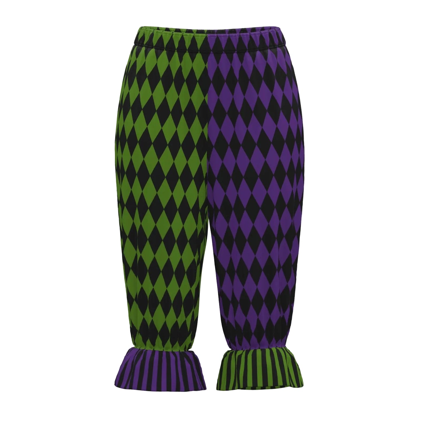 Harlequin-patterned pants with green and purple diamonds on a white background