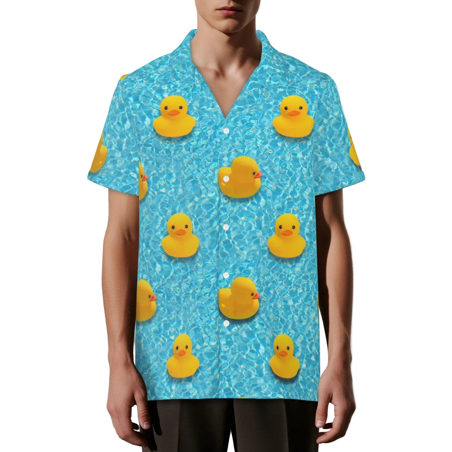 Rubber Duck Lucky Lake Bowling Shirt in watery blue with yellow rubber duck toys novelty print