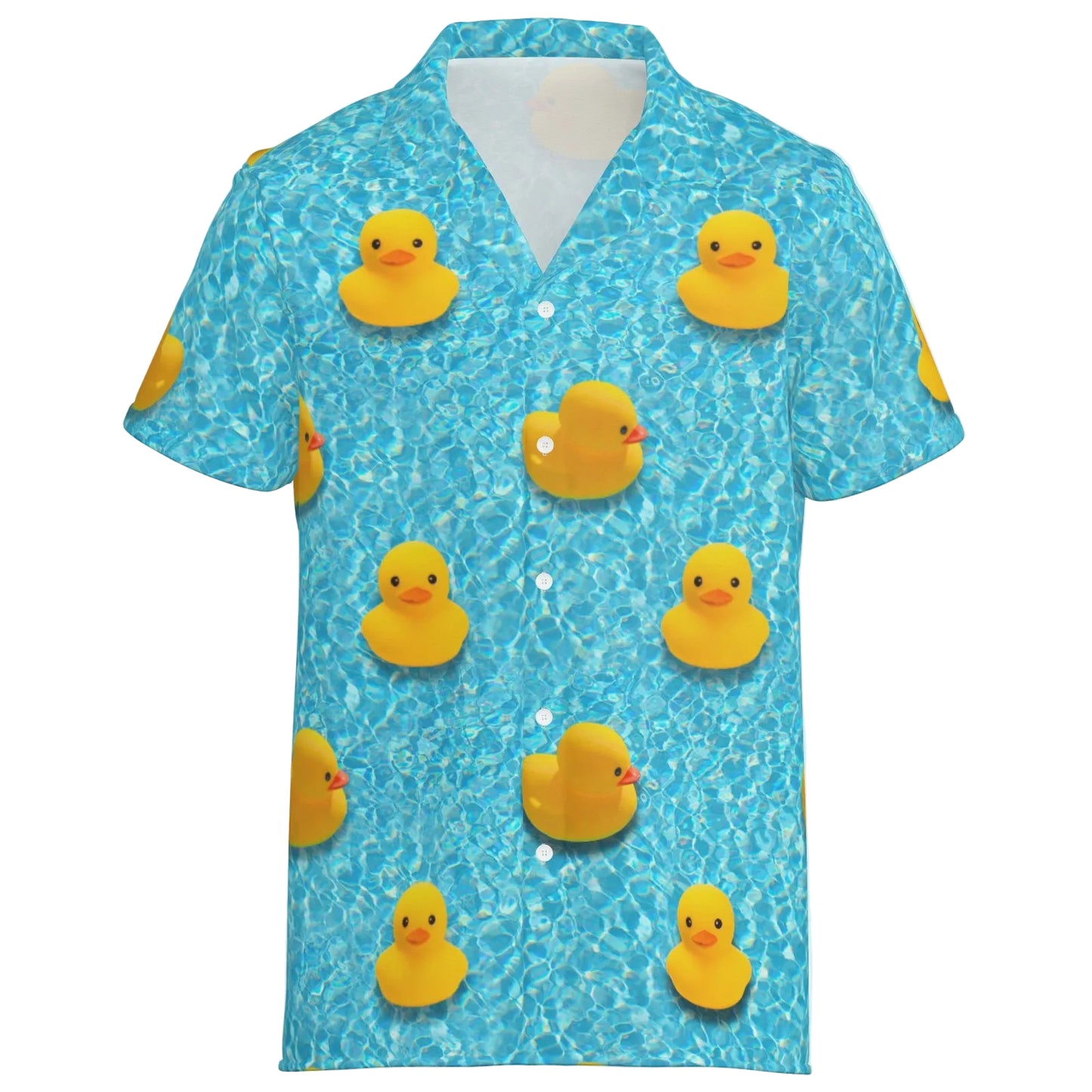 Rubber Duck Lucky Lake Bowling Shirt, rubber ducky print of yellow bath toy ducks floating in water