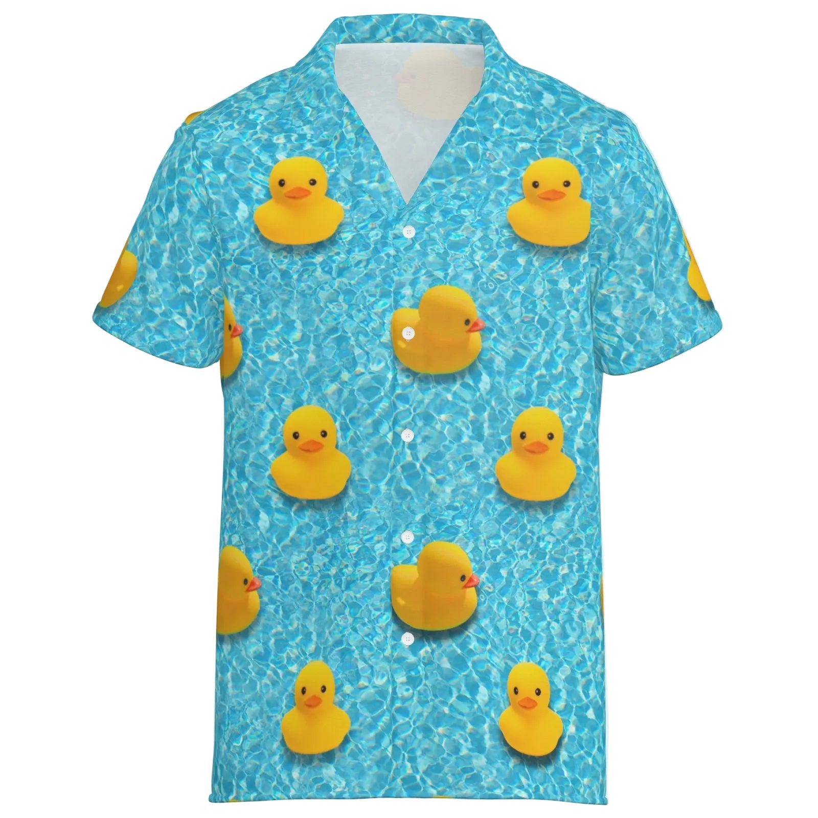 Rubber Duck Lucky Lake Bowling Shirt, rubber ducky print of yellow bath toy ducks floating in water