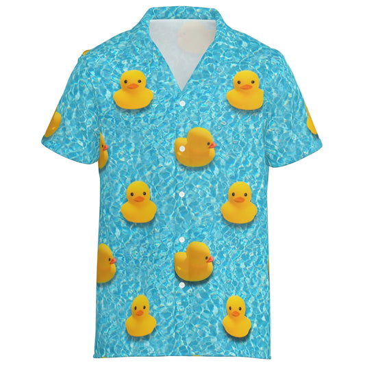 Rubber Duck Lucky Lake Bowling Shirt, rubber ducky print of yellow bath toy ducks floating in water