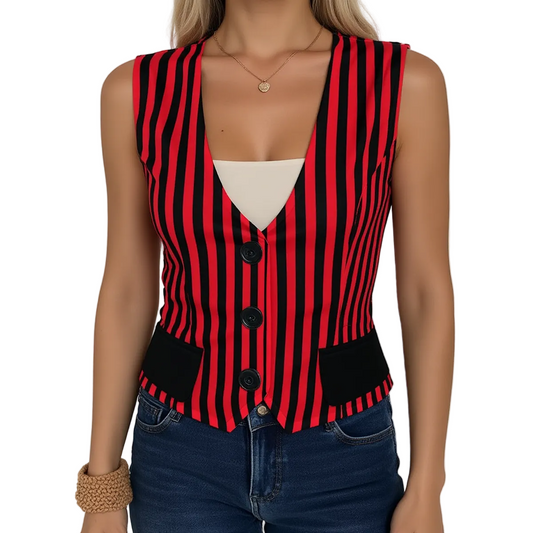 Red and black striped sleeveless top worn by a model on a plain background