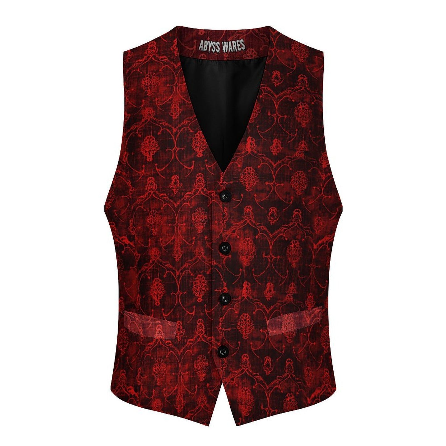 Red patterned vest with black buttons on a white background
