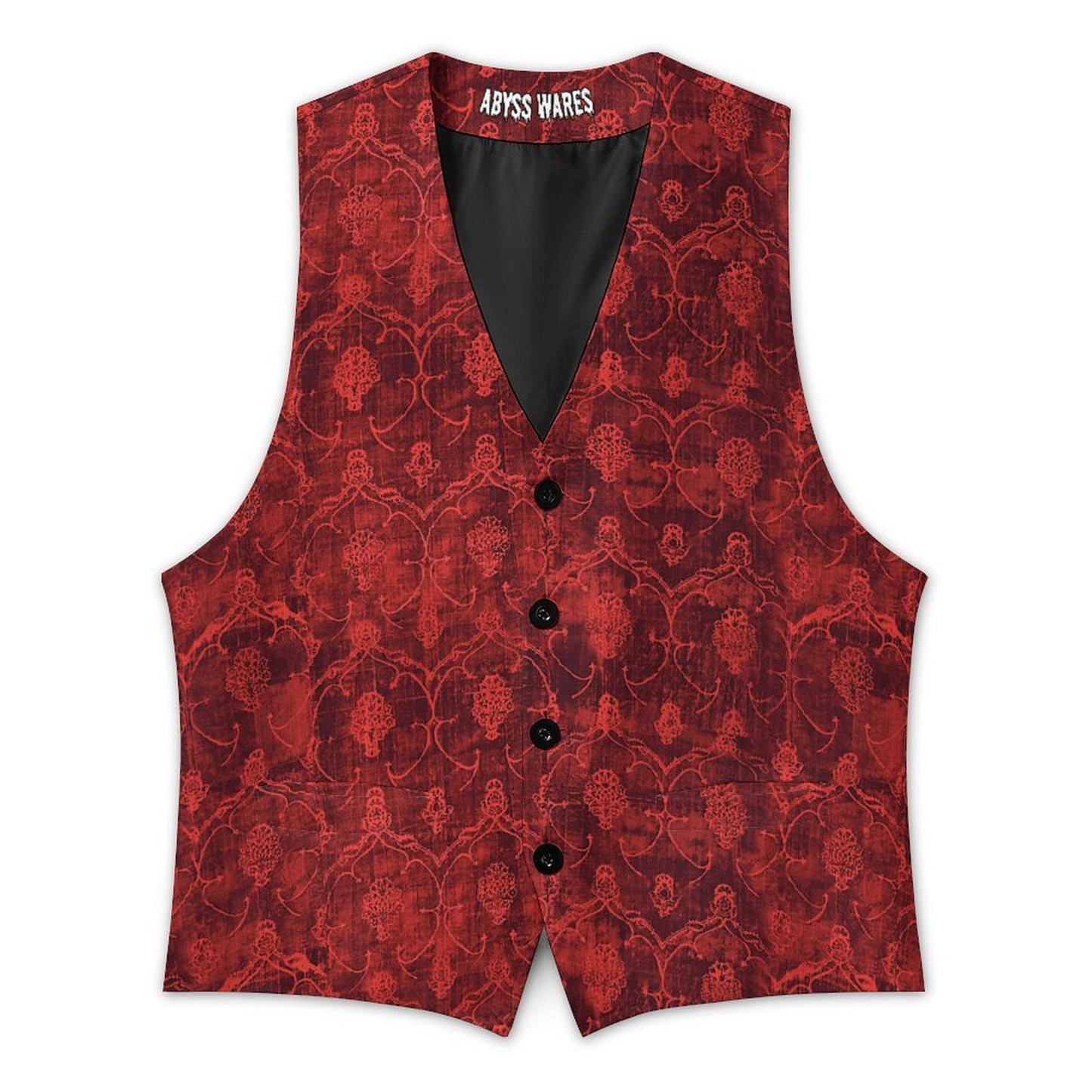 Red patterned vest with black buttons on a white background