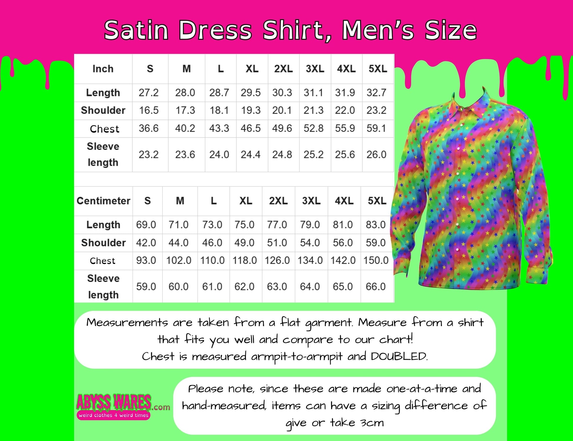 Satin dress shirt size chart with colorful tie-dye shirt on a green and pink background