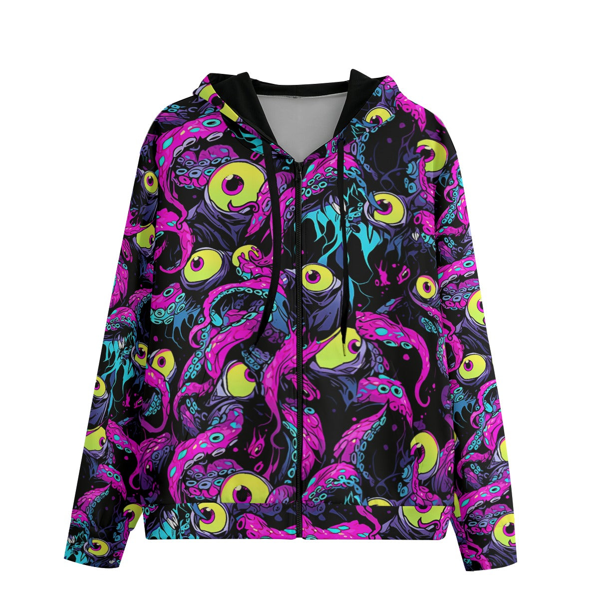 Cthulhu jacket cotton zip hoodie with weird pink tentacles and eyeballs