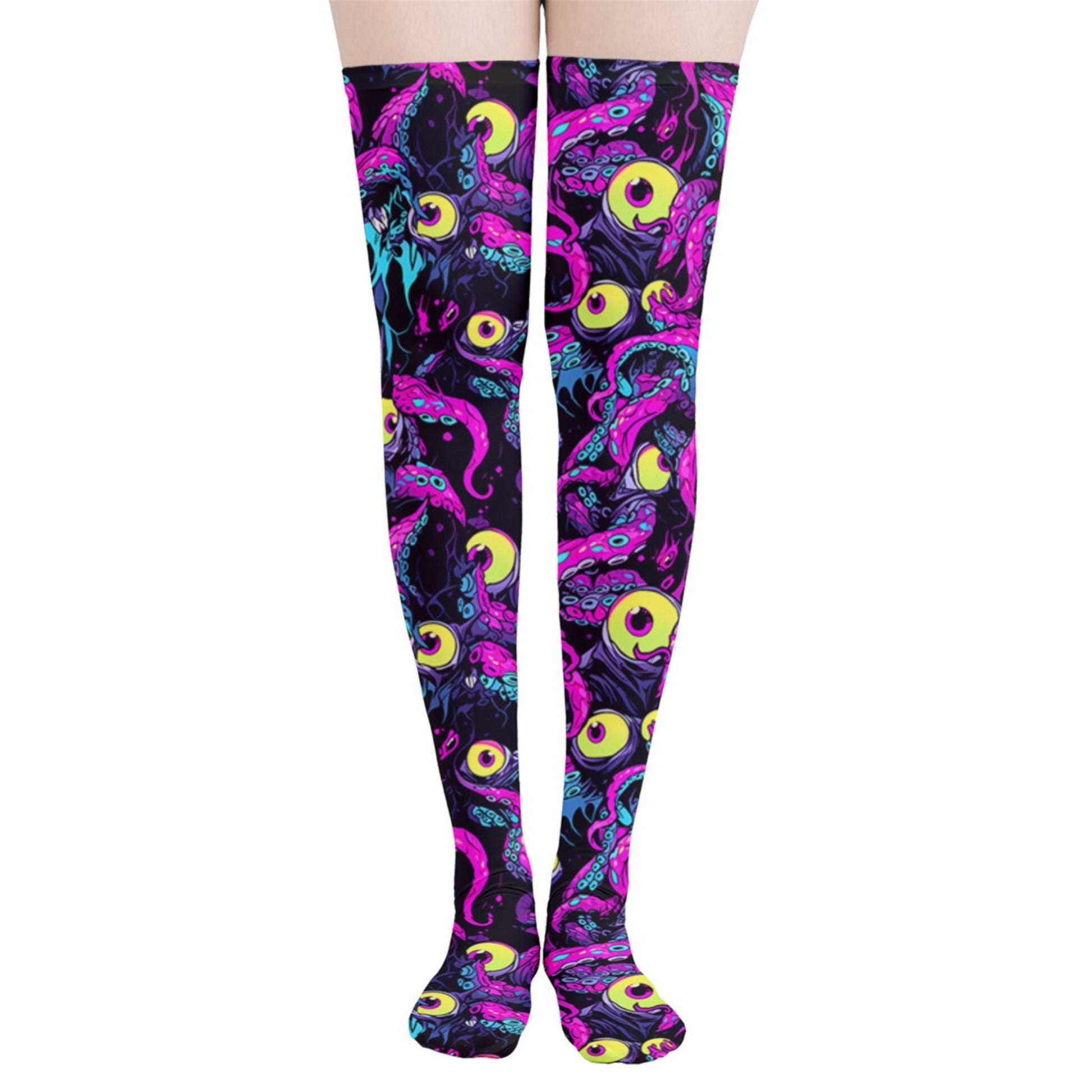 swirling tentacles and alien eyeballs all over these womens thigh high stockings