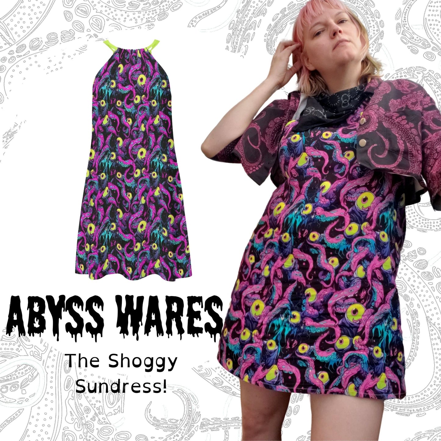 The Shoggy Sundress Neon Goth Weirdcore Hentai Dress Cryptid Octopus Tentacle Eyeball Rayon Fabric