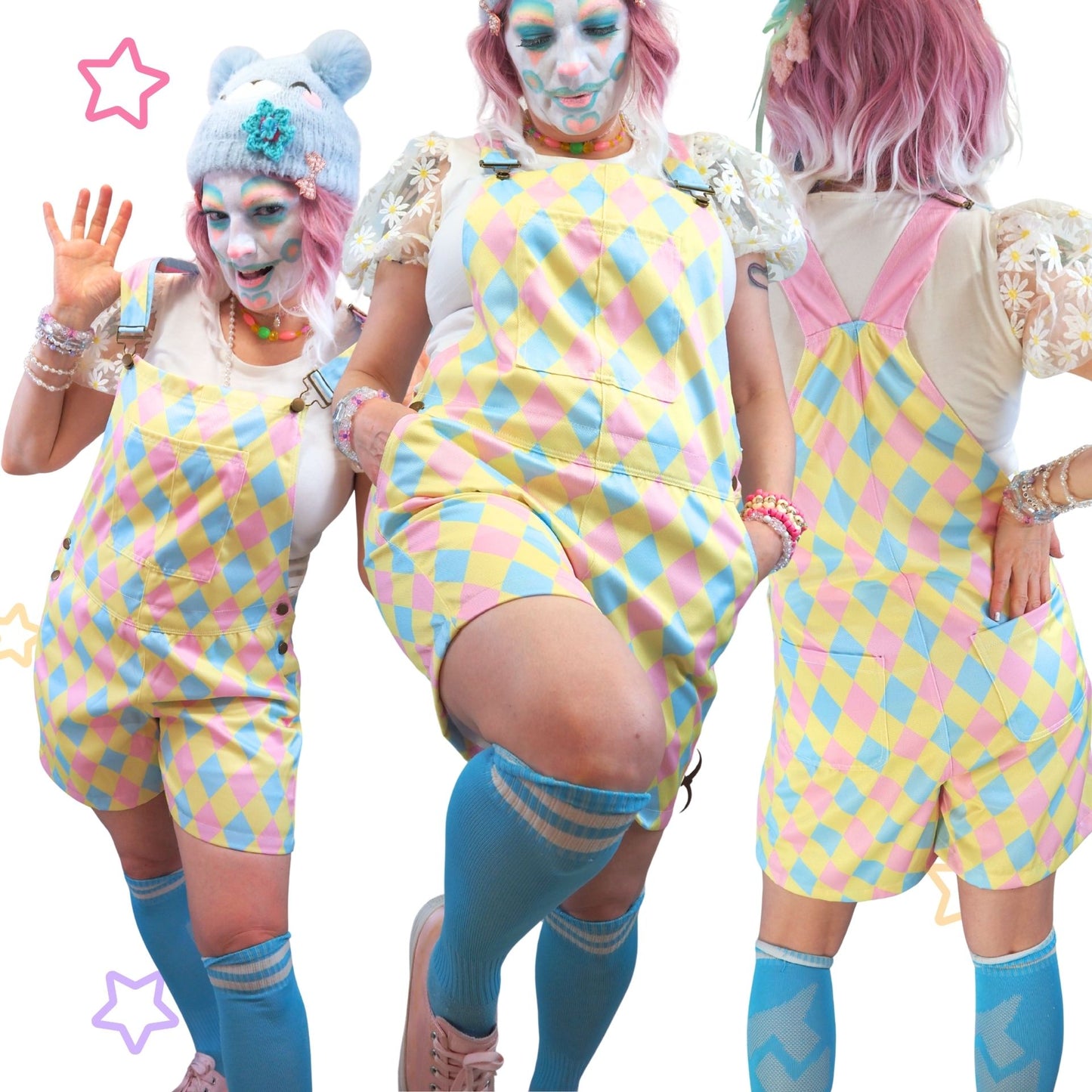 Three people wearing colorful checkered outfits with pastel accents on a white background.