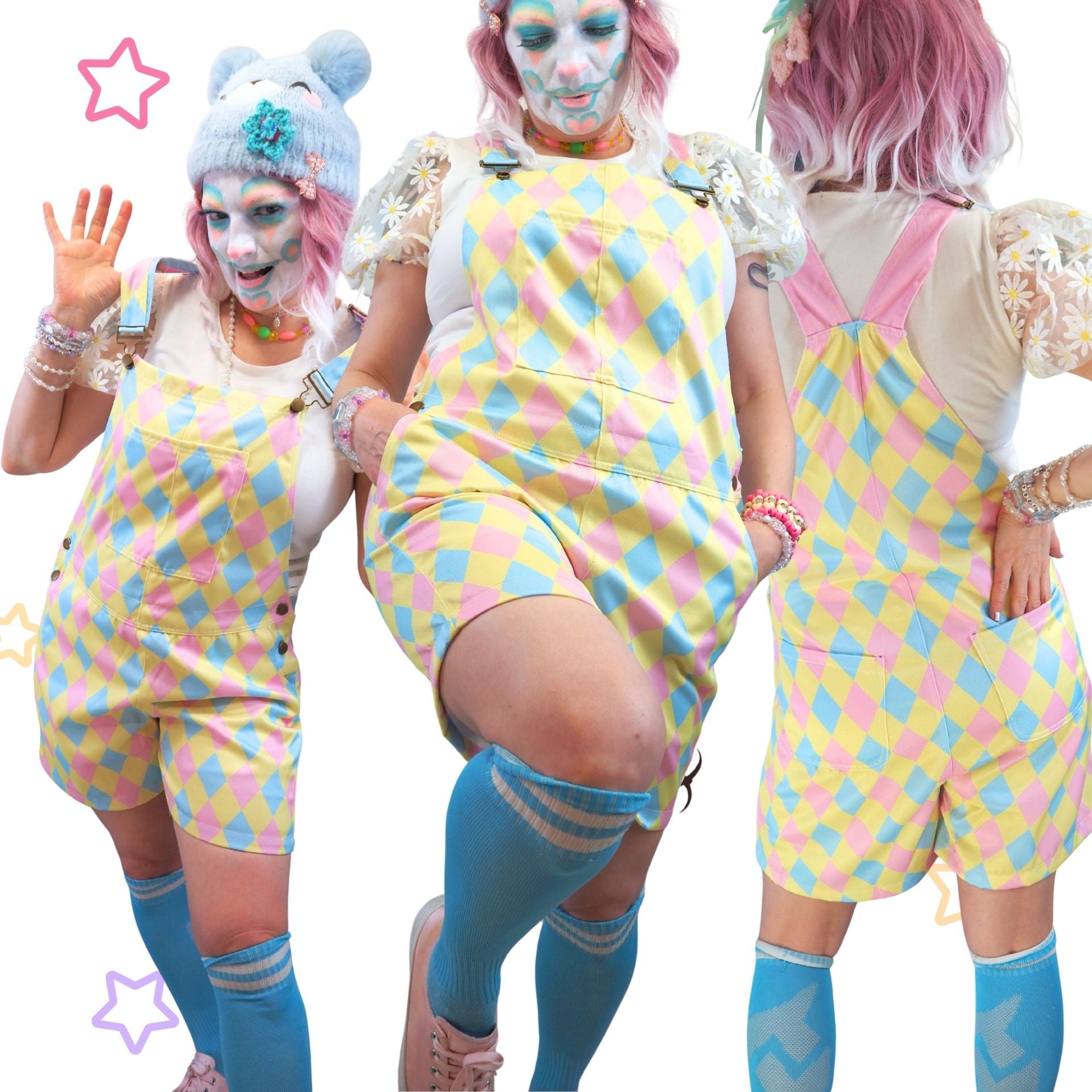 Three people wearing colorful checkered outfits with pastel accents on a white background.