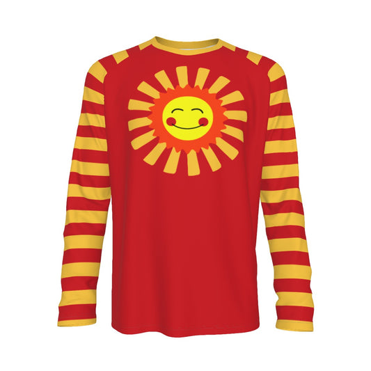 Red and yellow striped long-sleeve shirt with a sun design on a white background