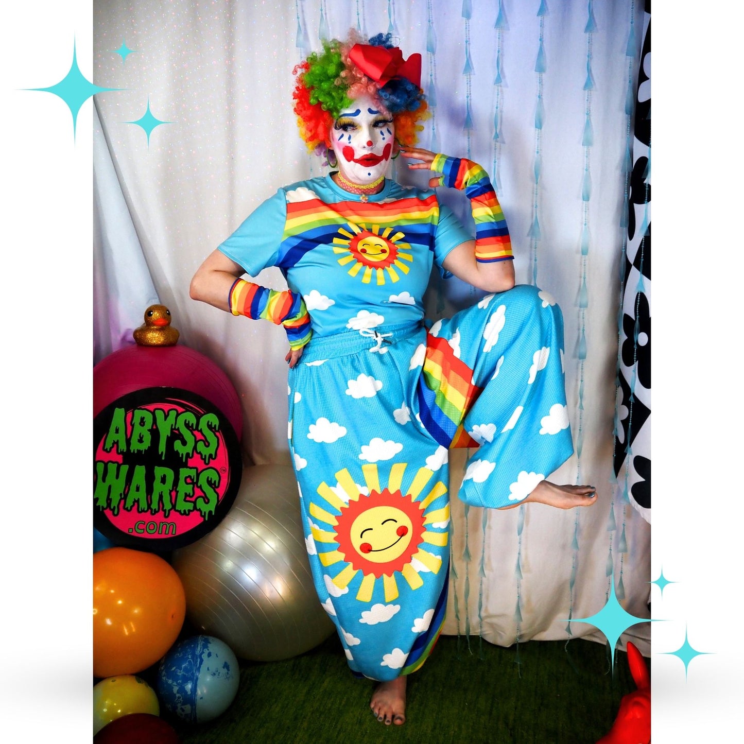 Silly Sun Clouds n Rainbow Stripe Clown Pants