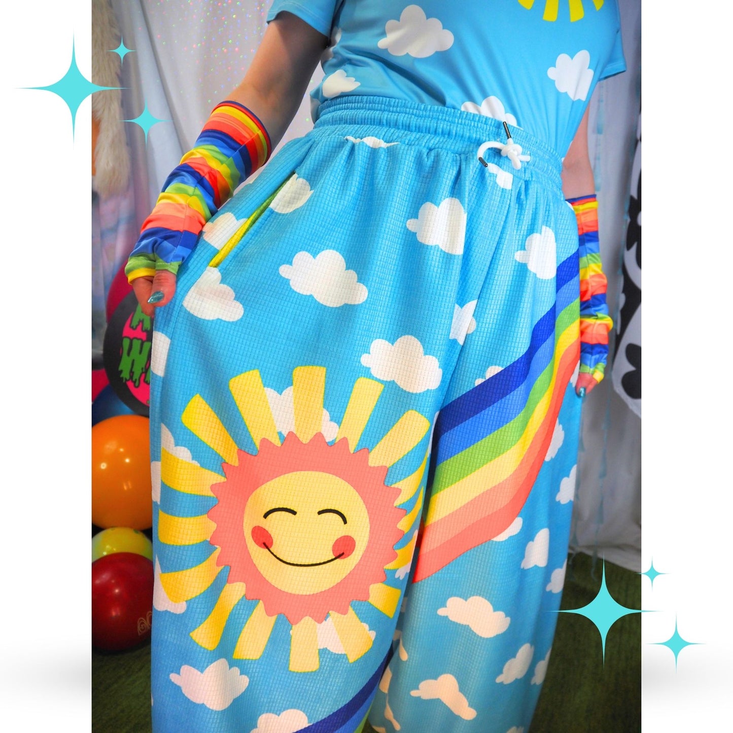 Silly Sun Clouds n Rainbow Stripe Clown Pants