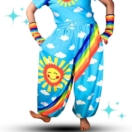 Silly Sun Clouds n Rainbow Stripe Clown Pants