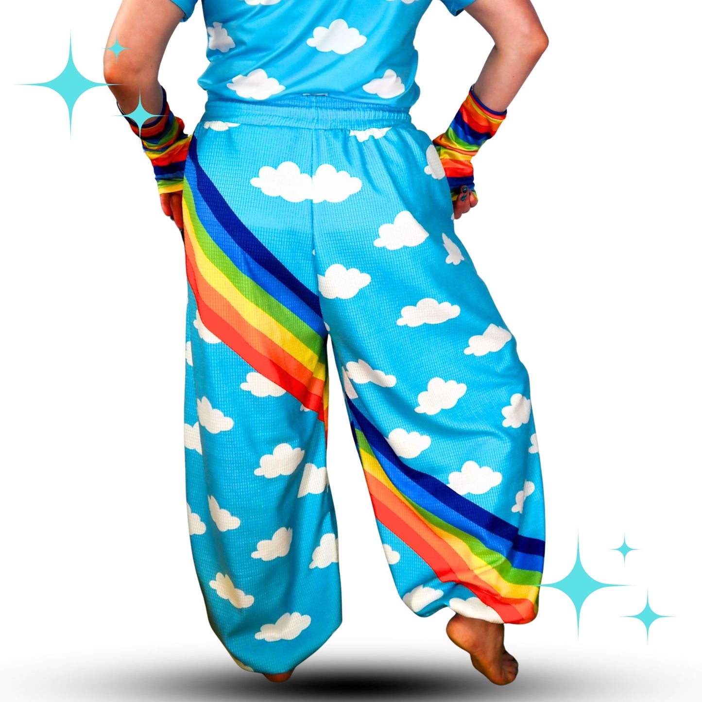 Silly Sun Clouds n Rainbow Stripe Clown Pants