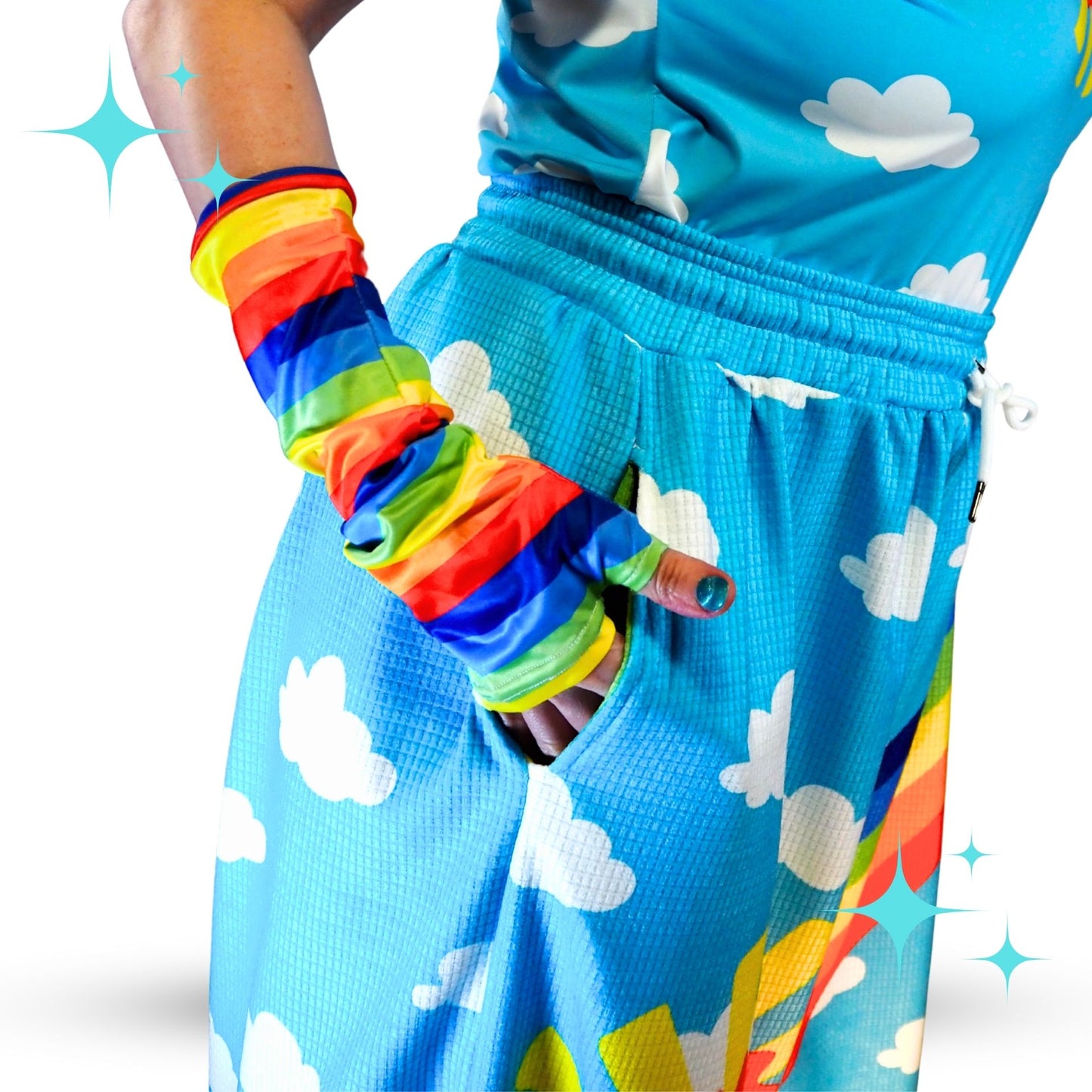 Silly Sun Clouds n Rainbow Stripe Clown Pants