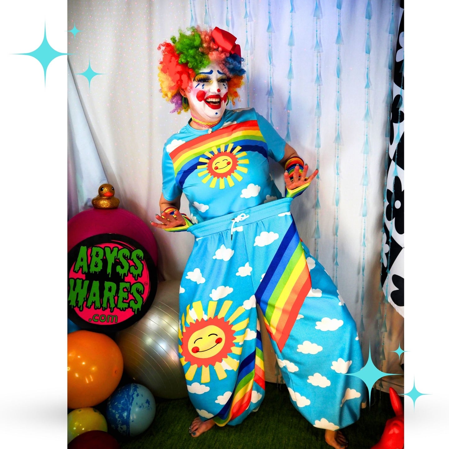 Silly Sun Clouds n Rainbow Stripe Clown Pants