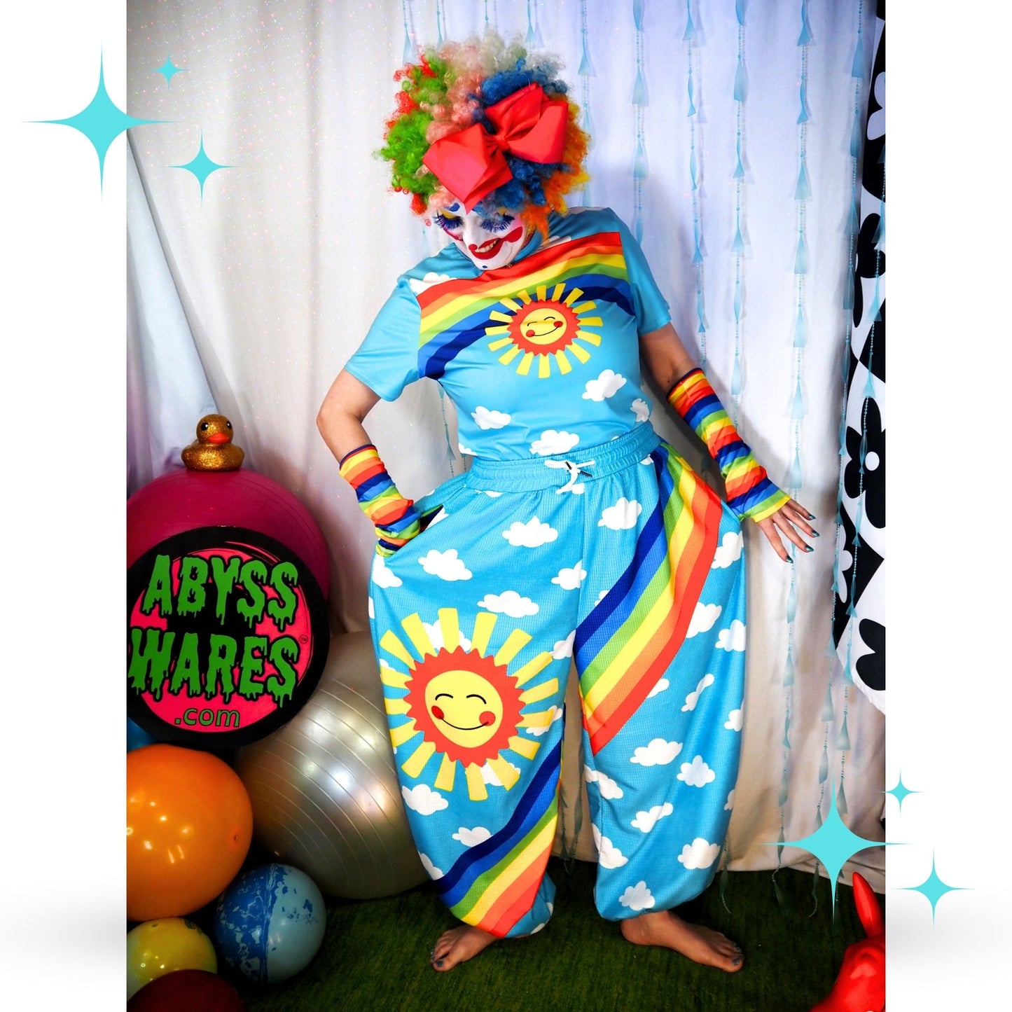 Silly Sun Clouds n Rainbow Stripe Clown Pants