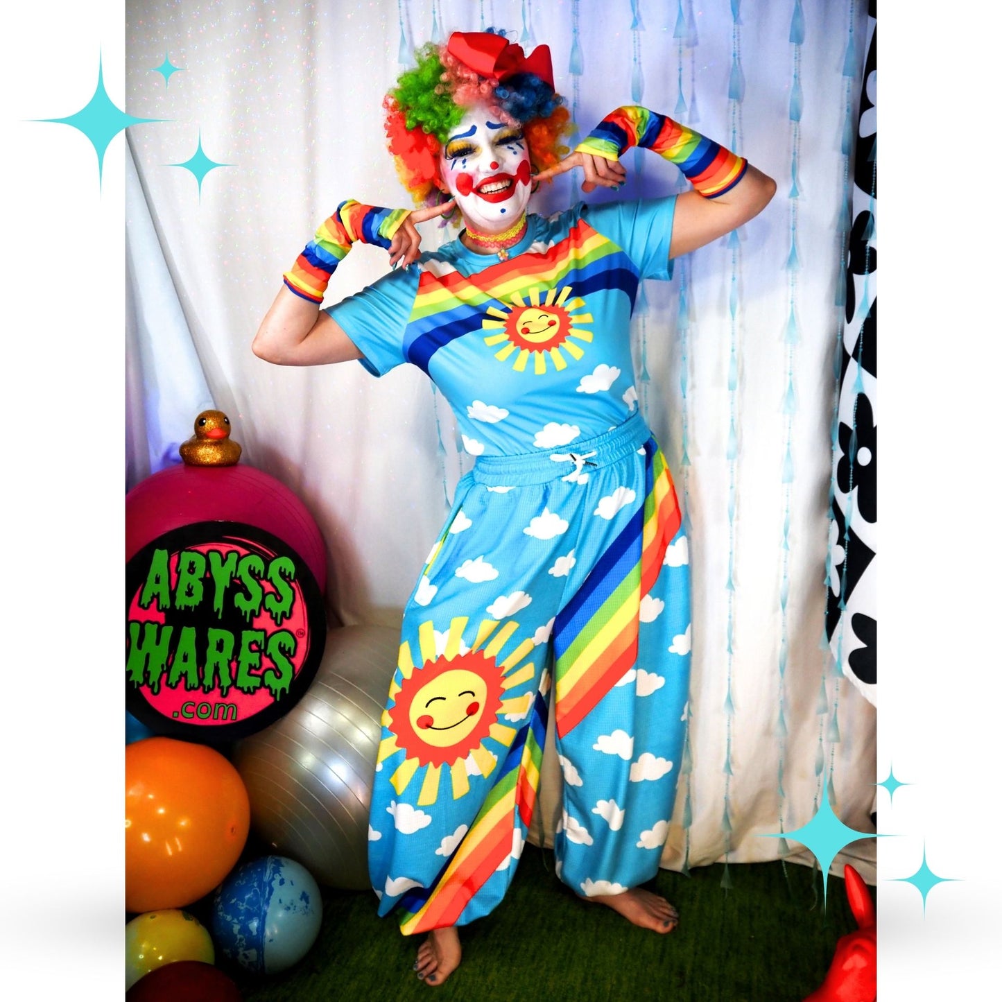 Silly Sun Clouds n Rainbow Stripe Clown Pants