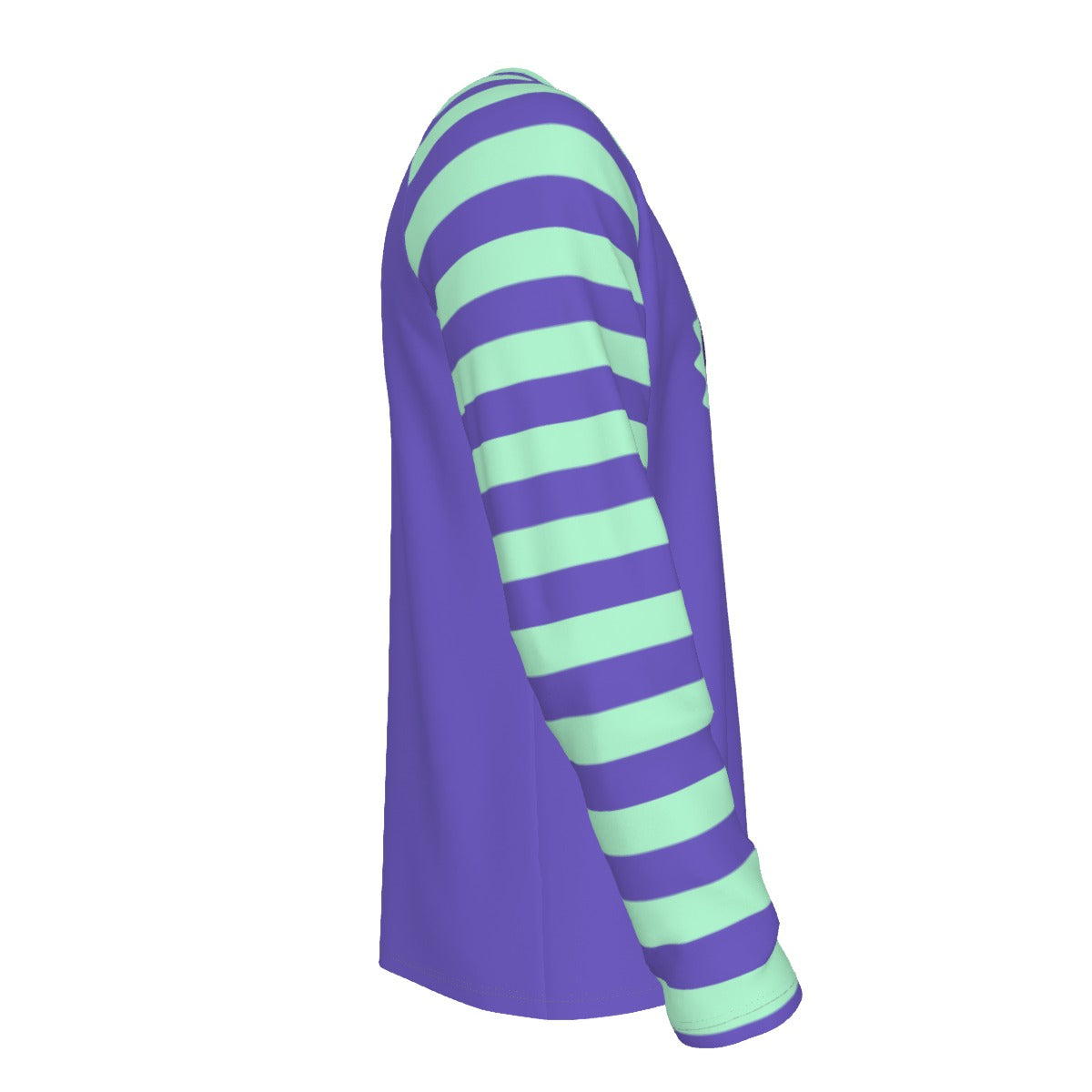 Purple and green striped long-sleeve shirt on a white background