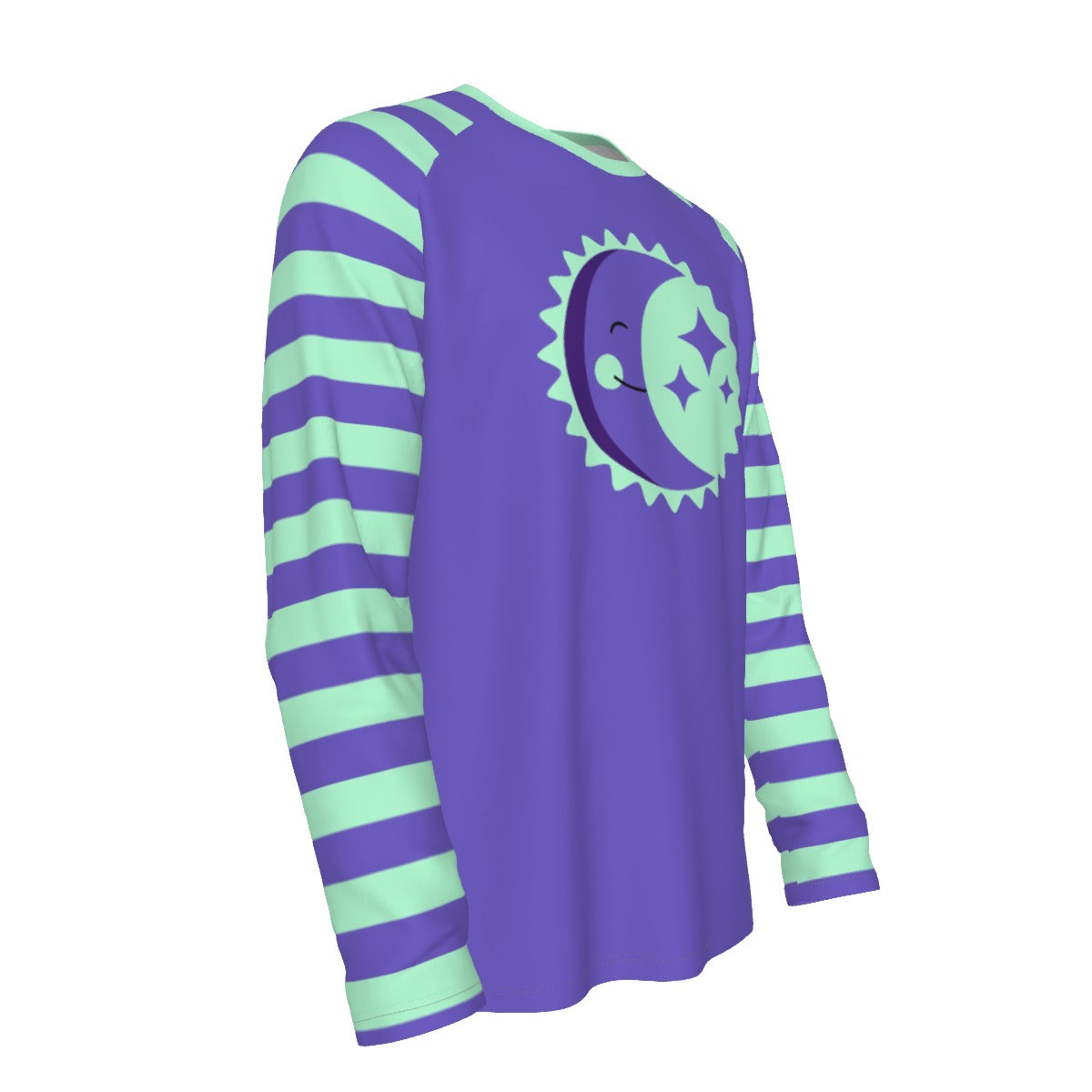 Purple long-sleeve shirt with green stripes and a moon design on a white background