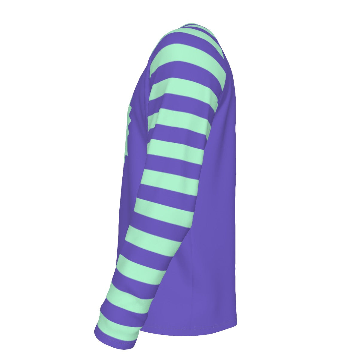 Purple long-sleeve shirt with green stripes on a white background