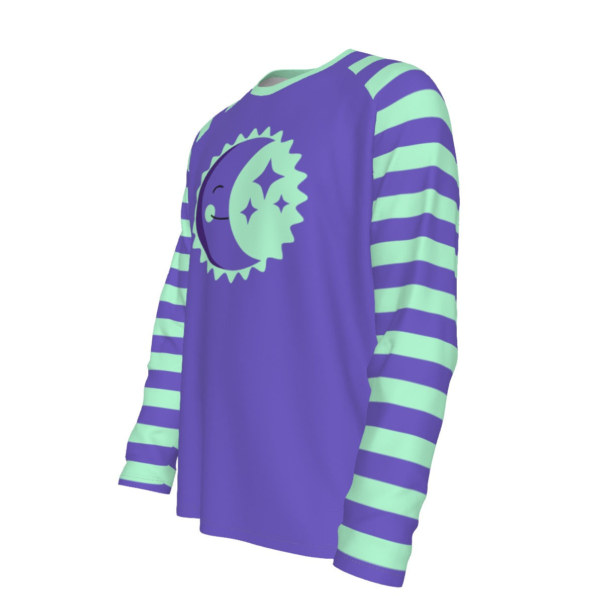 Purple long-sleeve shirt with green stripes and a silly moon design on a white background