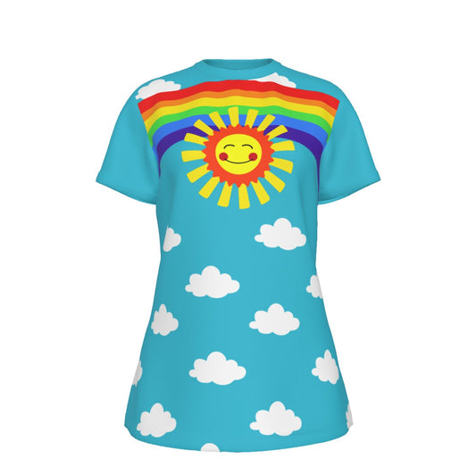 Turquoise t-shirt with a rainbow, sun, and cloud design on a white background