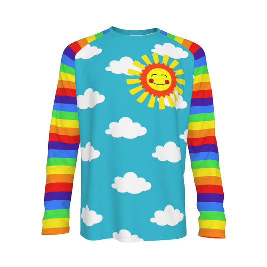 Long-sleeve shirt with rainbow sleeves and a sun and cloud pattern on a blue background