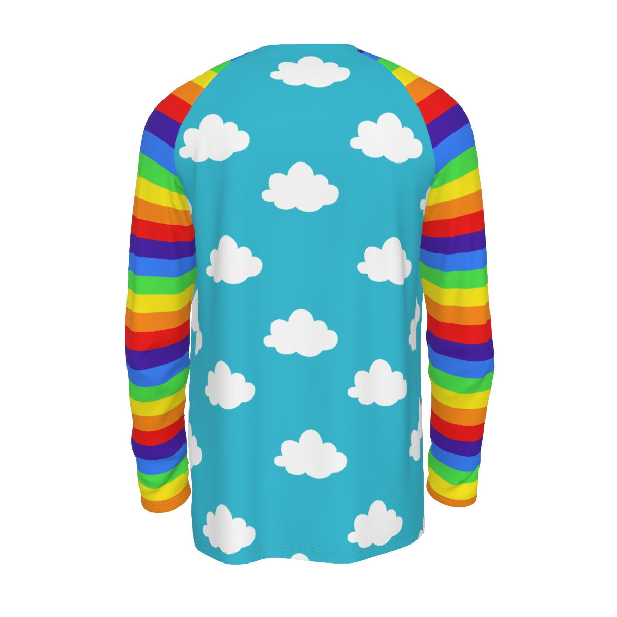Colorful shirt with rainbow sleeves and white cloud patterns on a blue background