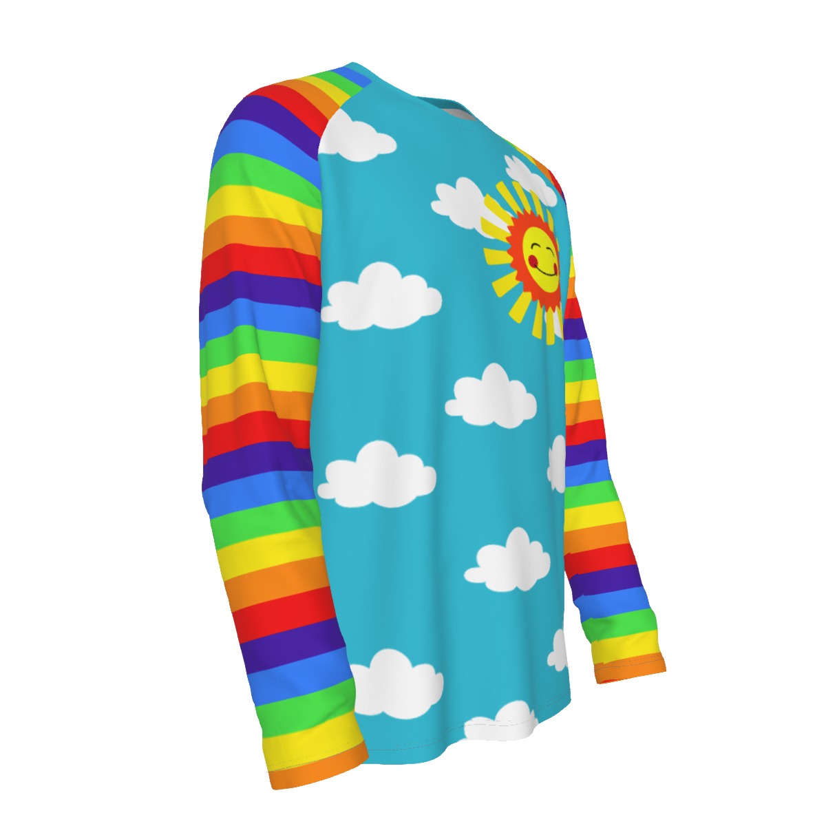Long-sleeve shirt with rainbow stripes, clouds, and a sun on a white background